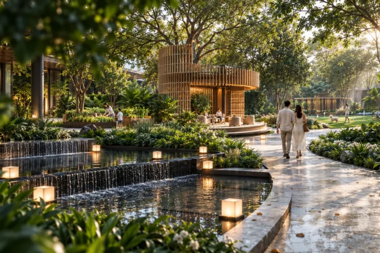 Lucean Bay Jomtien ground-floor garden walk with cascading water features and wooden pavilion