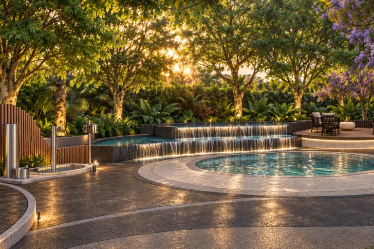 Lucean Bay Jomtien multi-tier garden pool with cascading waterfall features and lounge deck area
