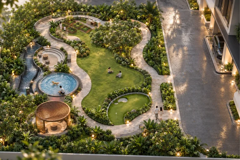Lucean Bay Jomtien ground-level garden, walking paths, putting green, and relaxation cabana